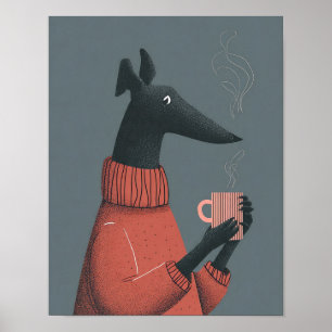 Cozy Dog Poster – Stylized Greyhound with Mug