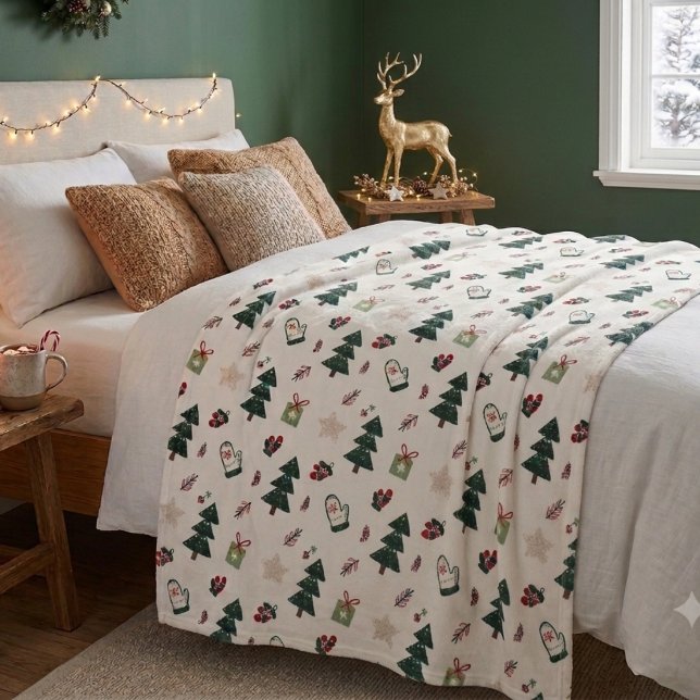 Cozy Dusty Blue Watercolor Christmas Tree Pattern Fleece Blanket (Creator Uploaded)