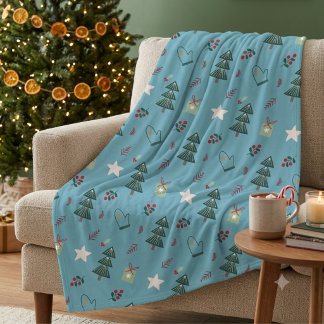 Cozy Dusty Blue Watercolor Christmas Tree Pattern Fleece Blanket