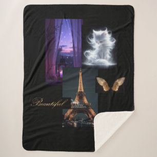Cozy Eclectic Blanket – Eiffel Tower, Furry Cat &