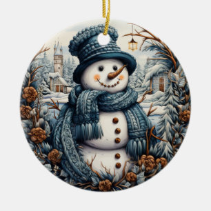 Cozy Embroidery Snowman Christmas – Holiday  Ceramic Tree Decoration