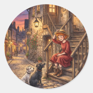 Cozy Evening Girl and Dogs Vintage Street Classic Round Sticker