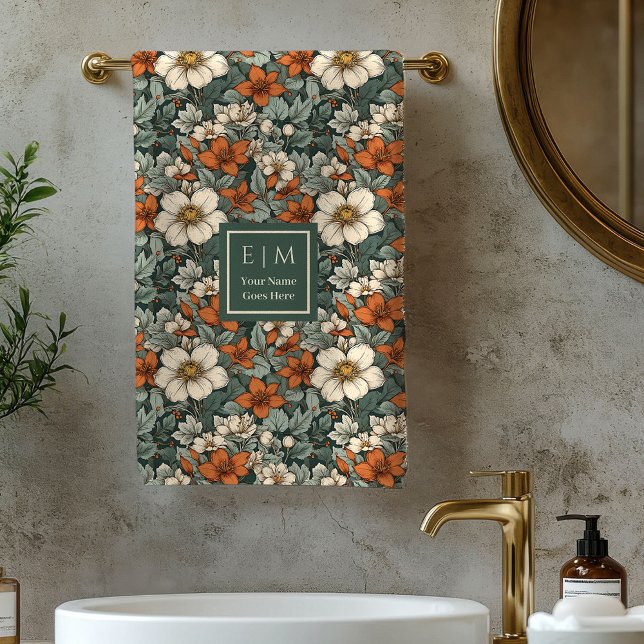 Cozy Fall Floral Sage Green Custom Name Bath Towel (Cozy Fall Floral Sage Green Custom Name Bath Towel)