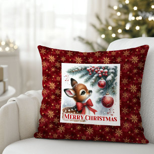 Cozy festive winter scene baby fawn snowy Christma Cushion