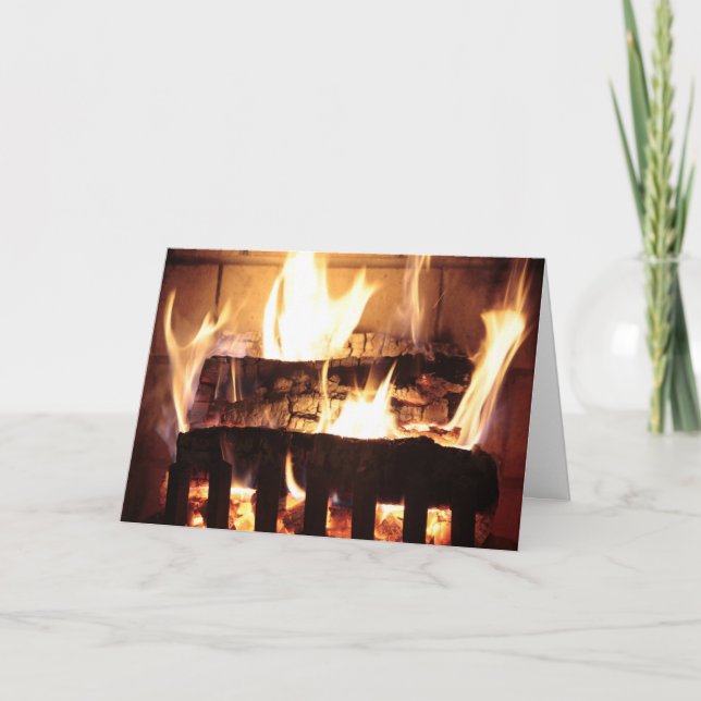 Cozy Fire Brick Fireplace Burning Logs Flames Holiday Card (Front)
