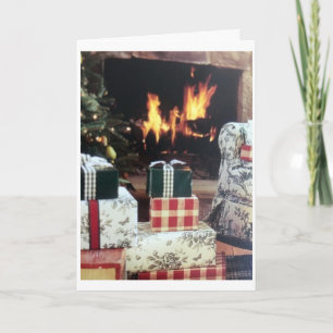 **COZY FIRE** WITH GIFTS WRAPPED "MERRY CHRISTMAS" CARD