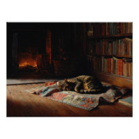 Cozy Fireplace Cat Library Scene