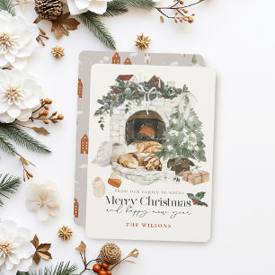 Cozy Fireplace Christmas Tree Cat & Dog Christmas Holiday Card