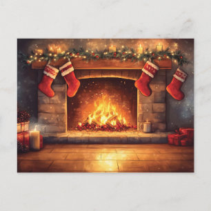Cozy Fireplace with Hanging Stockings  Holiday Postcard