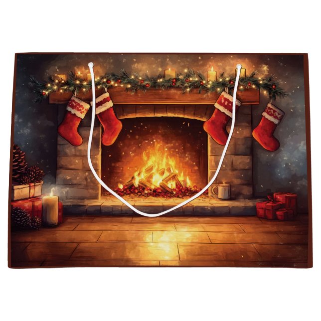 Cozy Fireplace with Hanging Stockings  Large Gift Bag (Front)