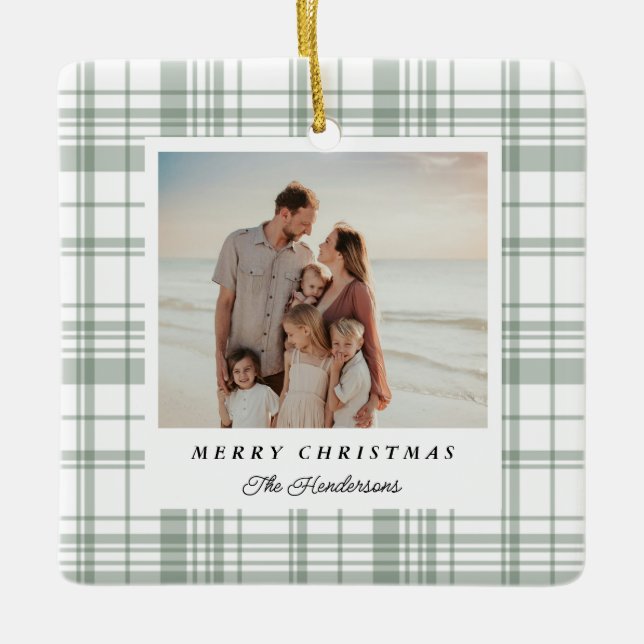 Cozy Flannel Plaid Christmas Photo Card - Green Ceramic Ornament (Front)