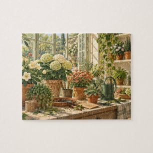 Cozy flower greenhouse with plants and watering ca jigsaw puzzle