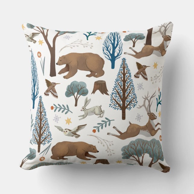 Cozy Forest Wildlife Illustration Cushion (Front)