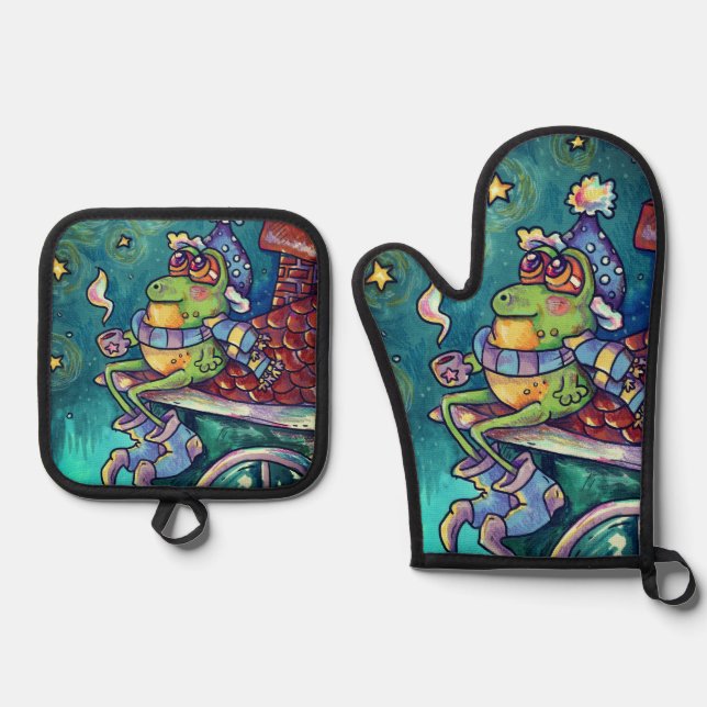 Cozy Frog Christmas & New Year Card Oven Mitt & Pot Holder Set (Front)