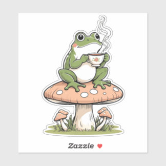 Cozy Frog Drinking Tea on Toadstool Sticker