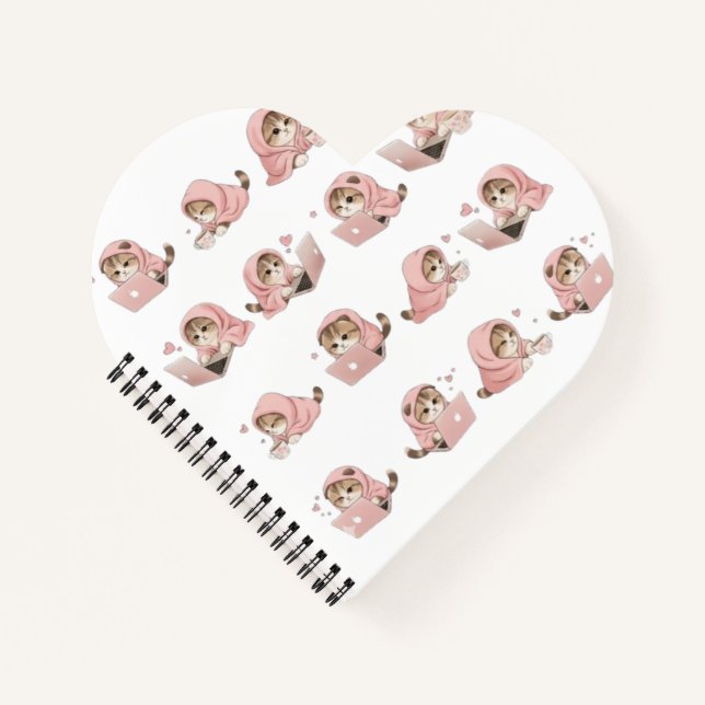 Cozy Gaming Cat Pattern - Aesthetic Pink Hoodie Ki Notebook (Front)