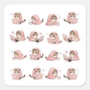 Cozy Gaming Cat Pattern - Aesthetic Pink Hoodie Ki Square Sticker