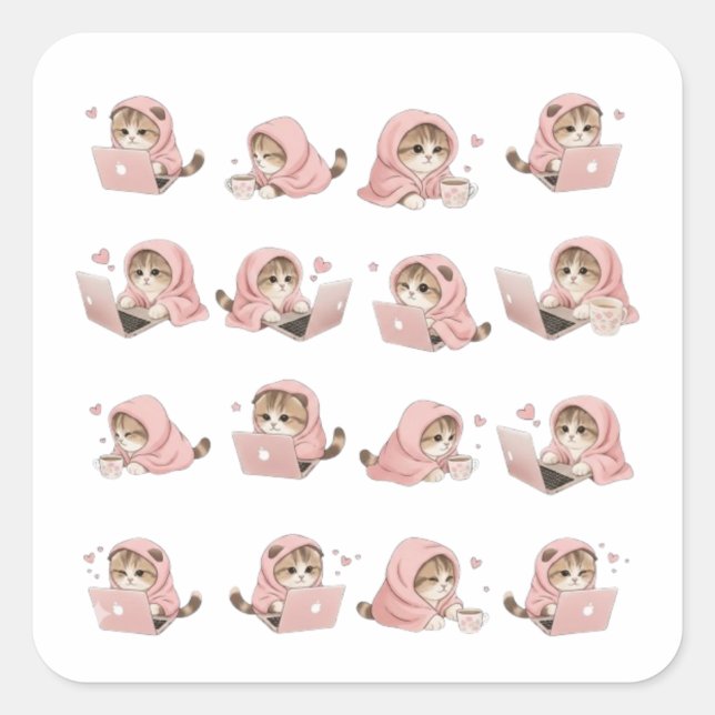 Cozy Gaming Cat Pattern - Aesthetic Pink Hoodie Ki Square Sticker (Front)