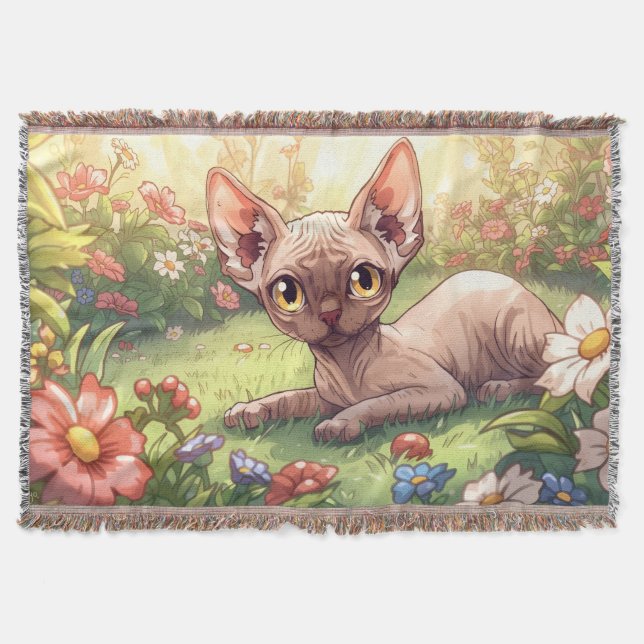 “Cozy Garden Sphynx" Cute Sphynx Cat Throw Blanket (Front)