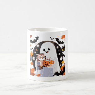 Cozy Ghost and Owl Halloween Art Coffee Mug
