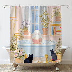 Cozy Ghost Reading in Bubble Bath with Black Cats Shower Curtain