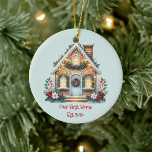 Cozy Gingerbread House Holiday Illustration Ceramic Tree Decoration