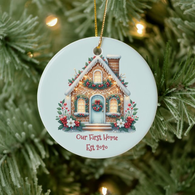 Cozy Gingerbread House Holiday Illustration Ceramic Tree Decoration (Tree)