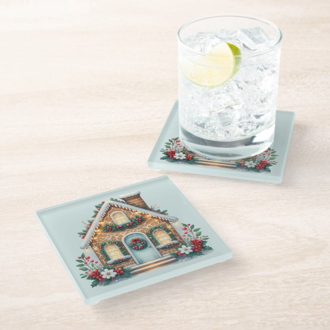 Cozy Gingerbread House Holiday Illustration Glass Coaster (Angled)