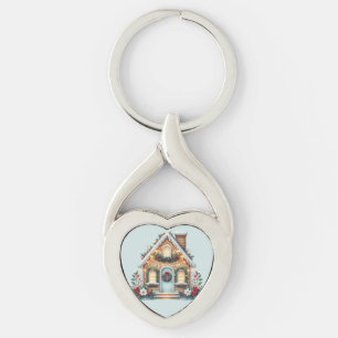 Cozy Gingerbread House Holiday Illustration Key Ring