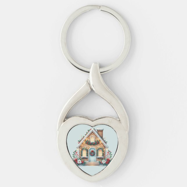 Cozy Gingerbread House Holiday Illustration Key Ring (Front)