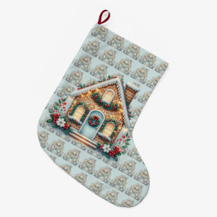 Cozy Gingerbread House Holiday Illustration Large Christmas Stocking