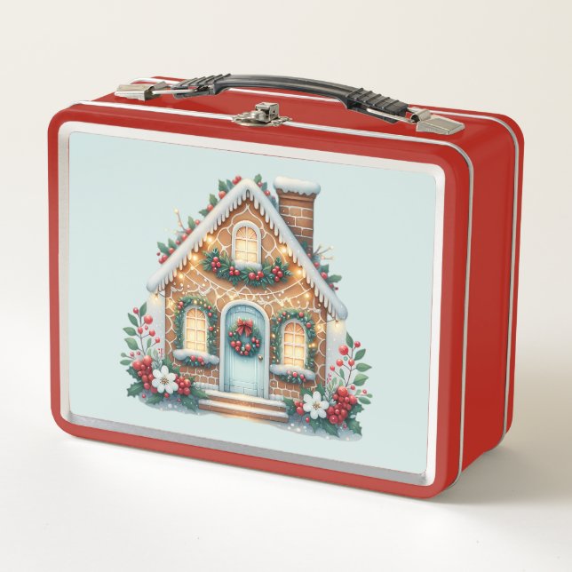 Cozy Gingerbread House Holiday Illustration Metal Lunch Box (Front)