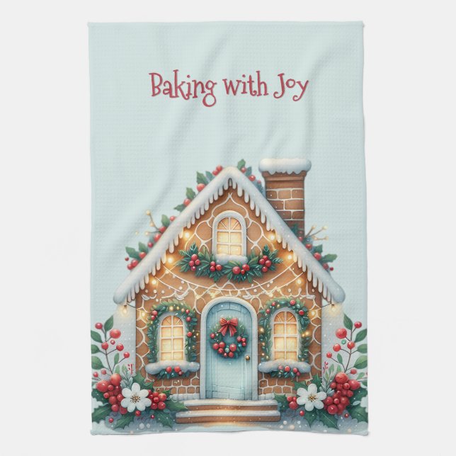 Cozy Gingerbread House Holiday Illustration Tea Towel (Vertical)