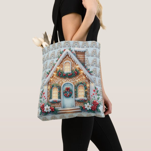 Cozy Gingerbread House Holiday Illustration Tote Bag (Close Up)
