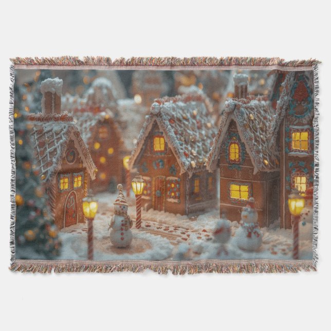 “Cozy Gingerbread Village Christmas Throw Blanket” (Front)