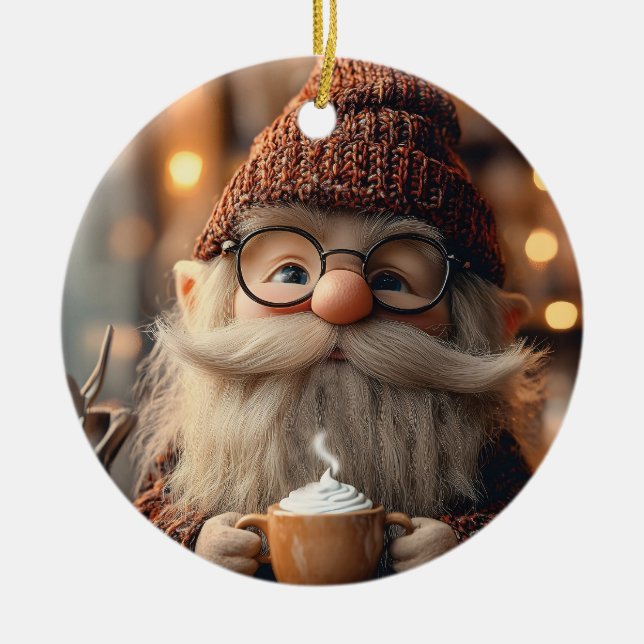 Cozy Gnome Enjoying a Cup of Hot Cocoa Ceramic Tree Decoration (Front)