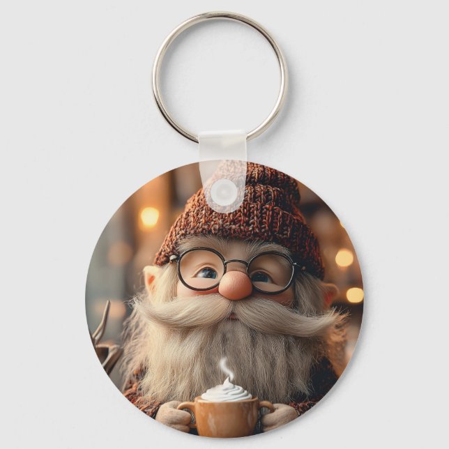 Cozy Gnome Enjoying a Cup of Hot Cocoa Key Ring (Front)