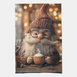 Cozy Gnome Enjoying a Cup of Hot Cocoa Tea Towel