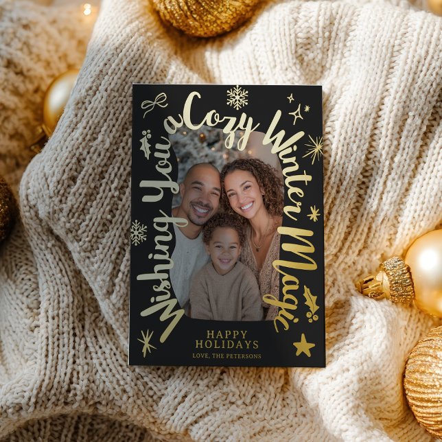 Cozy Gold Script Hand drawn Christmas Photo Foil Holiday Card (Cozy Gold Script Hand drawn Christmas Photo Foil Holiday Card)
