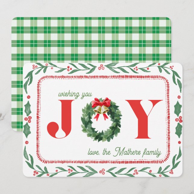 Cozy Green Plaid Christmas Joy Holiday Card (Front/Back)