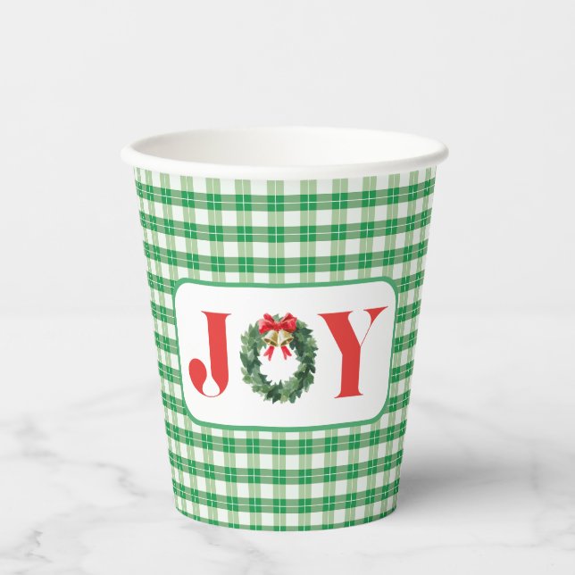 Cozy Green Plaid Christmas Joy Paper Cups (Front)