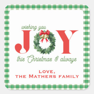 Cozy Green Plaid Christmas Joy Square Sticker