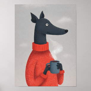 Cozy Greyhound Dog Poster–Anthropomorphic Pet Art Poster