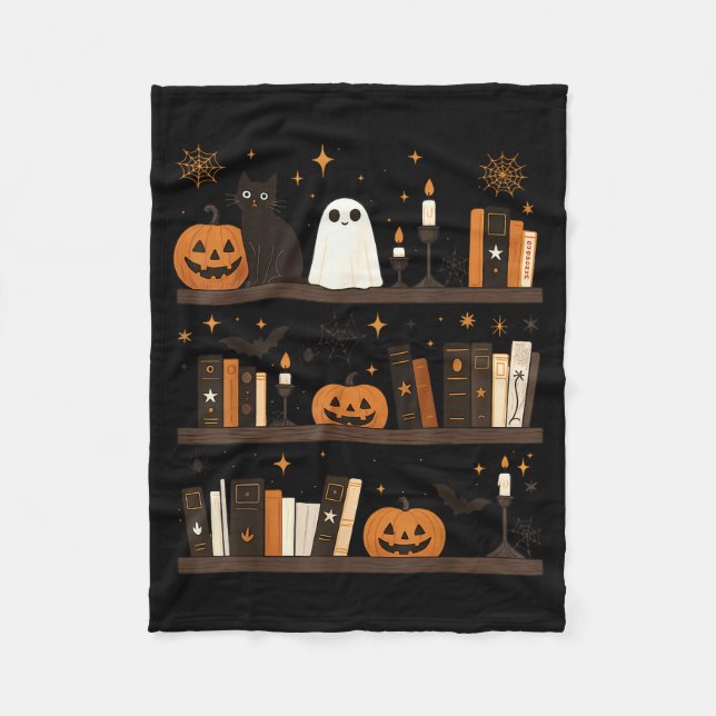 Cozy Halloween Bookshelf Ghost Pumpkin Bookish Boo Fleece Blanket (Front)