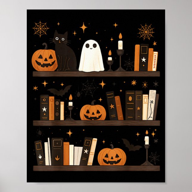 Cozy Halloween Bookshelf Ghost Pumpkin Bookish Boo Poster (Front)