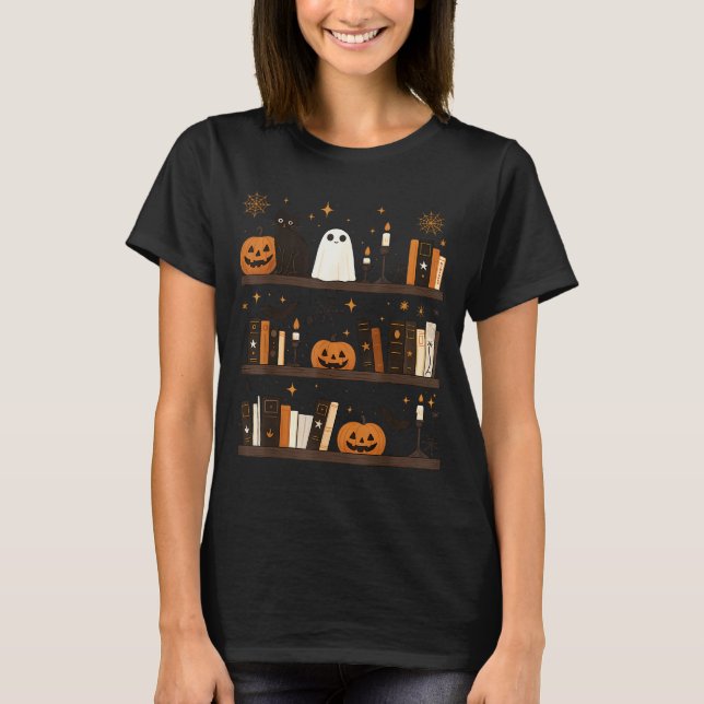 Cozy Halloween Bookshelf Ghost Pumpkin Bookish Boo T-Shirt (Front)