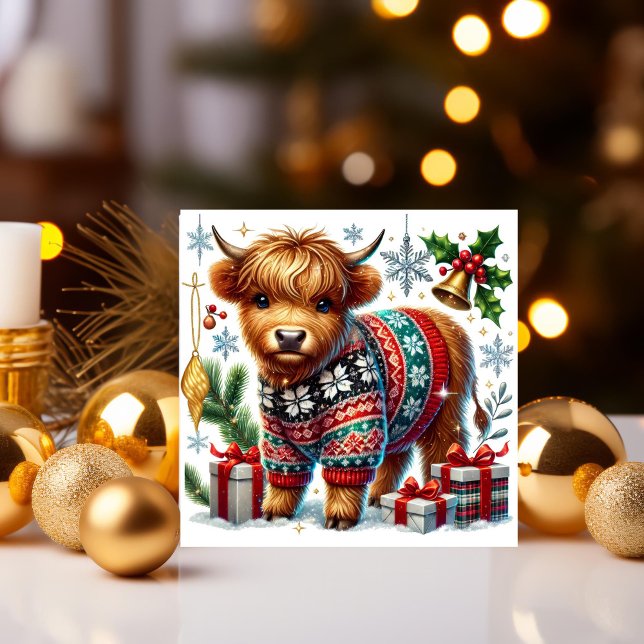 Cozy Highland Cow in Christmas Sweater Holiday Card (Creator Uploaded)