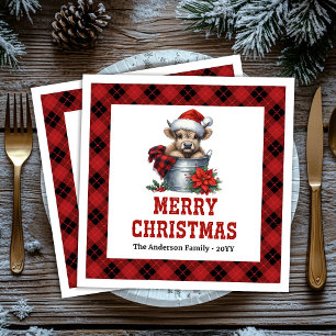 Cozy highland cow red black tartan holiday napkins