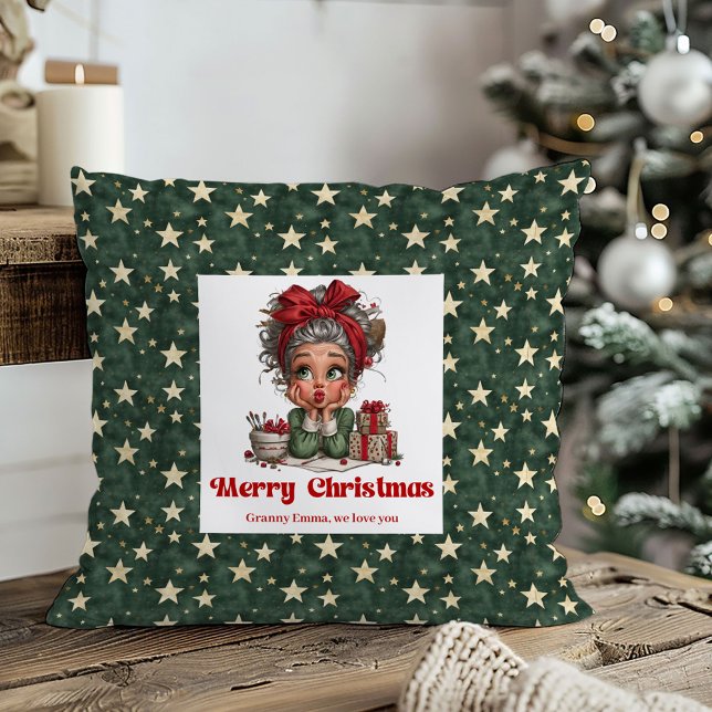 Cozy Holiday Grandma Pillow Funny Cartoon Style (Whimsical Christmas Grandma Art Festive Pillow)
