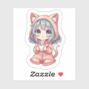 Cozy Kawaii Anime Girl with Cat Hoodie – Hot Drink